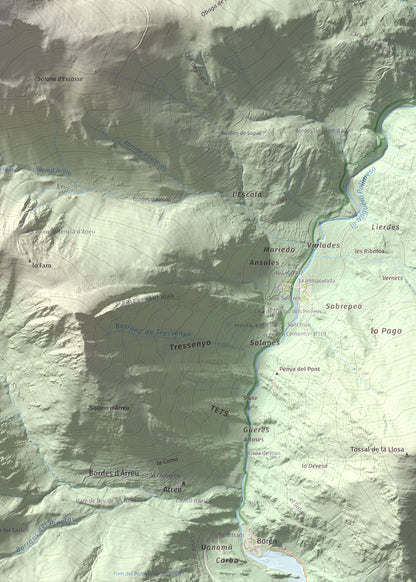 Mapa de relieve de Pic de Qüenca, 2639 m, Pallars Sobirà, lámina 100 Cims de Trobart. Detalle de la zona inferior derecha. 50 × 70 cm.