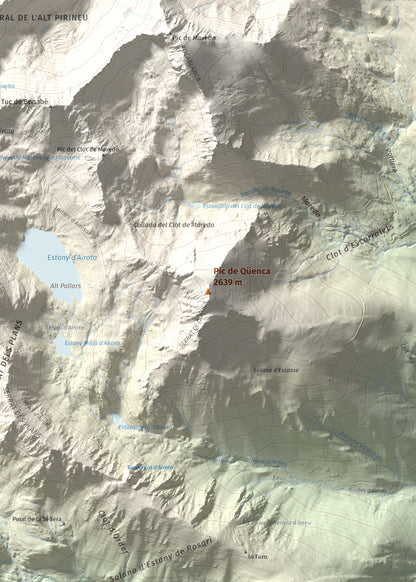 Mapa de relieve de Pic de Qüenca, 2639 m, Pallars Sobirà, lámina 100 Cims de Trobart. Detalle de la zona central. 50 × 70 cm.