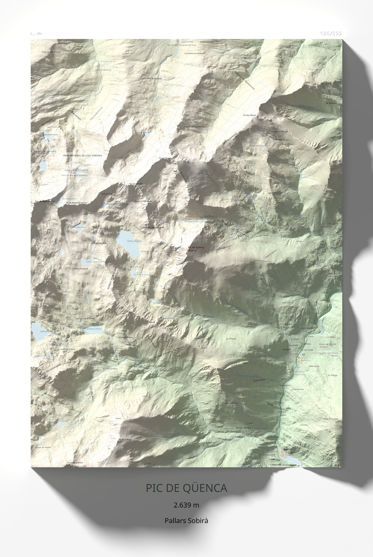 Mapa de relieve de Pic de Qüenca, 2639 m, Pallars Sobirà, lámina 100 Cims de Trobart 61 × 91 cm.