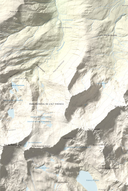 Mapa de relieve de Pic de Qüenca, 2639 m, Pallars Sobirà, lámina 100 Cims de Trobart. Detalle de la zona superior izquierda. 61 × 91 cm.