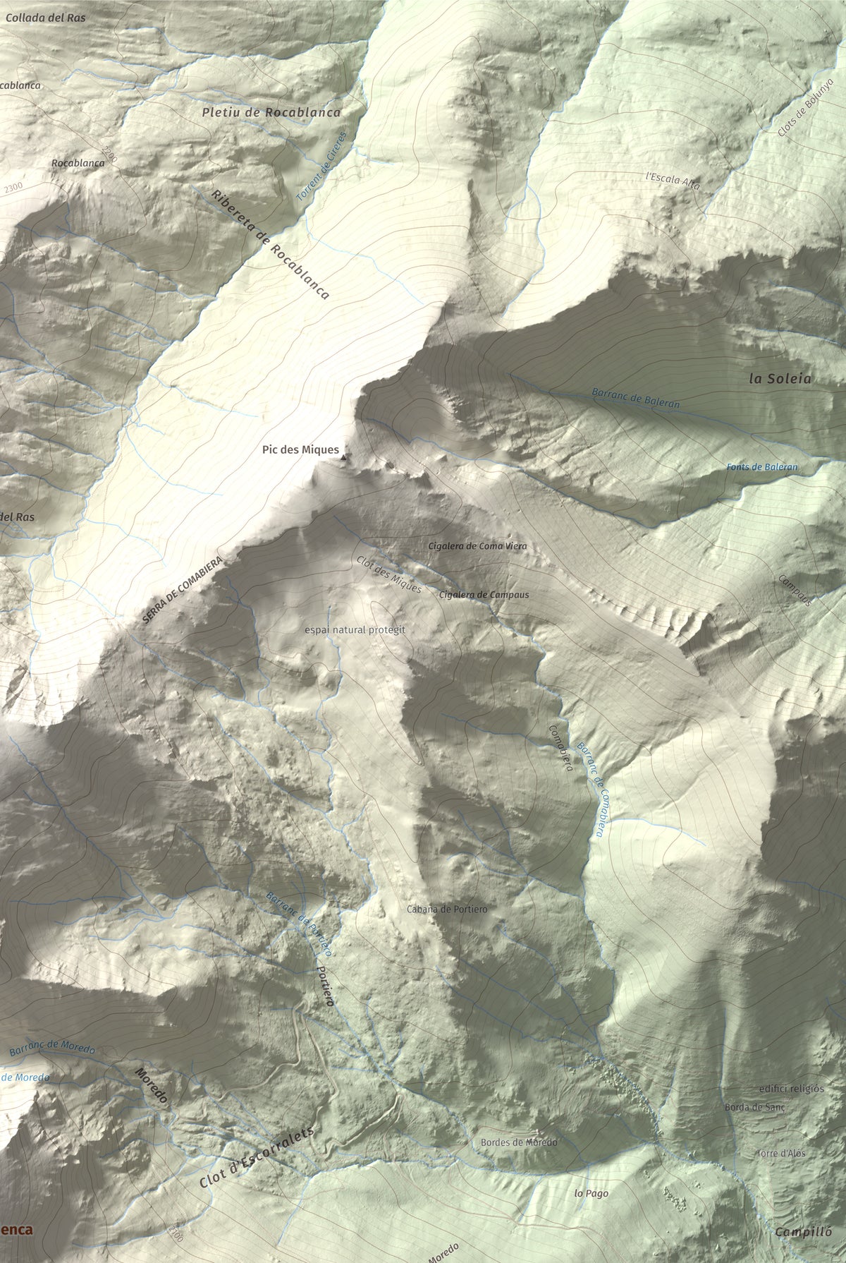 Mapa de relieve de Pic de Qüenca, 2639 m, Pallars Sobirà, lámina 100 Cims de Trobart. Detalle de la zona superior derecha. 61 × 91 cm.