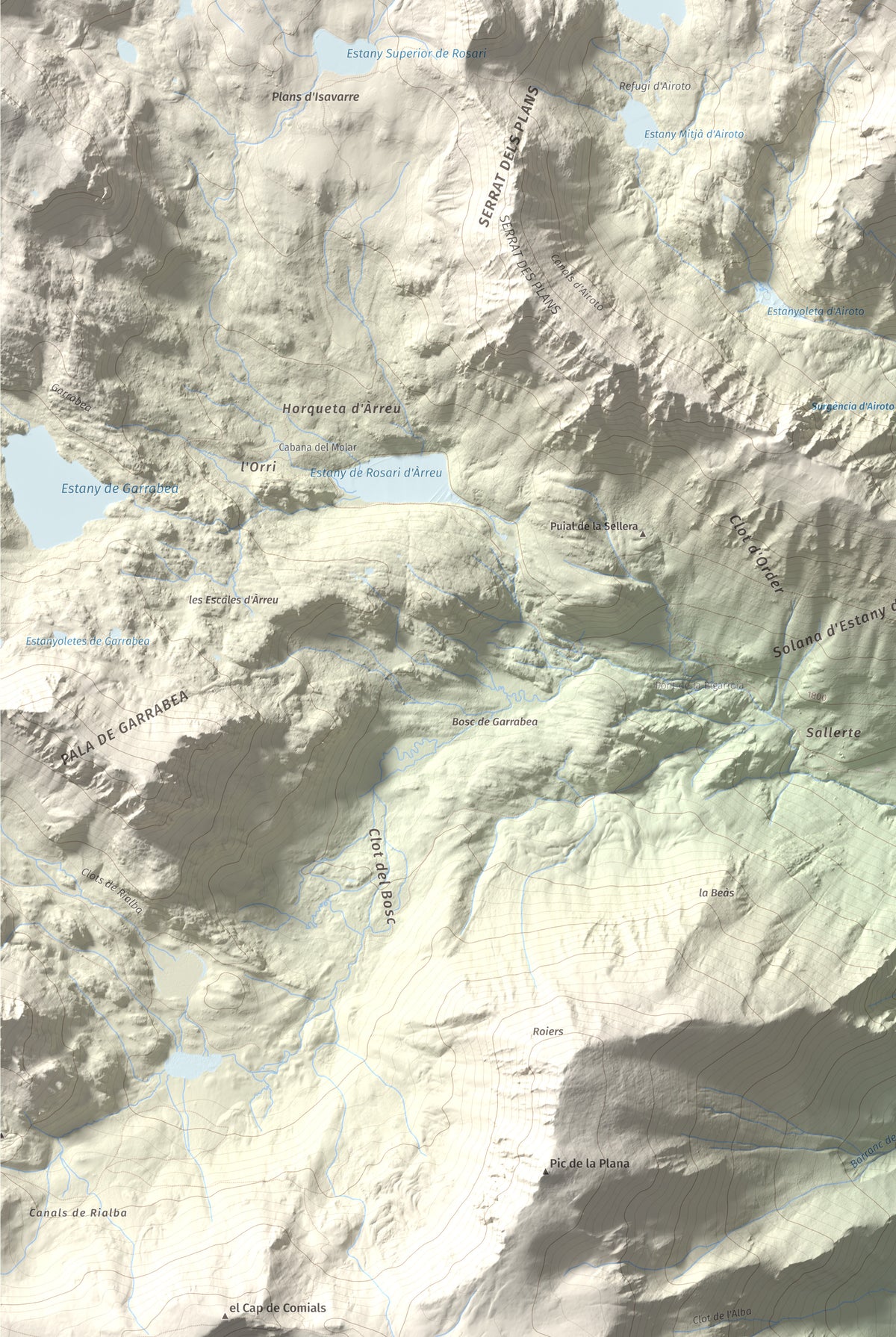 Mapa de relieve de Pic de Qüenca, 2639 m, Pallars Sobirà, lámina 100 Cims de Trobart. Detalle de la zona inferior izquierda. 61 × 91 cm.