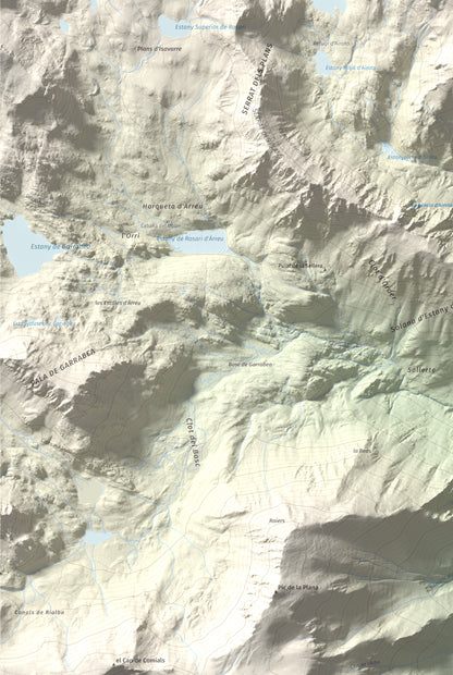 Mapa de relieve de Pic de Qüenca, 2639 m, Pallars Sobirà, lámina 100 Cims de Trobart. Detalle de la zona inferior izquierda. 61 × 91 cm.