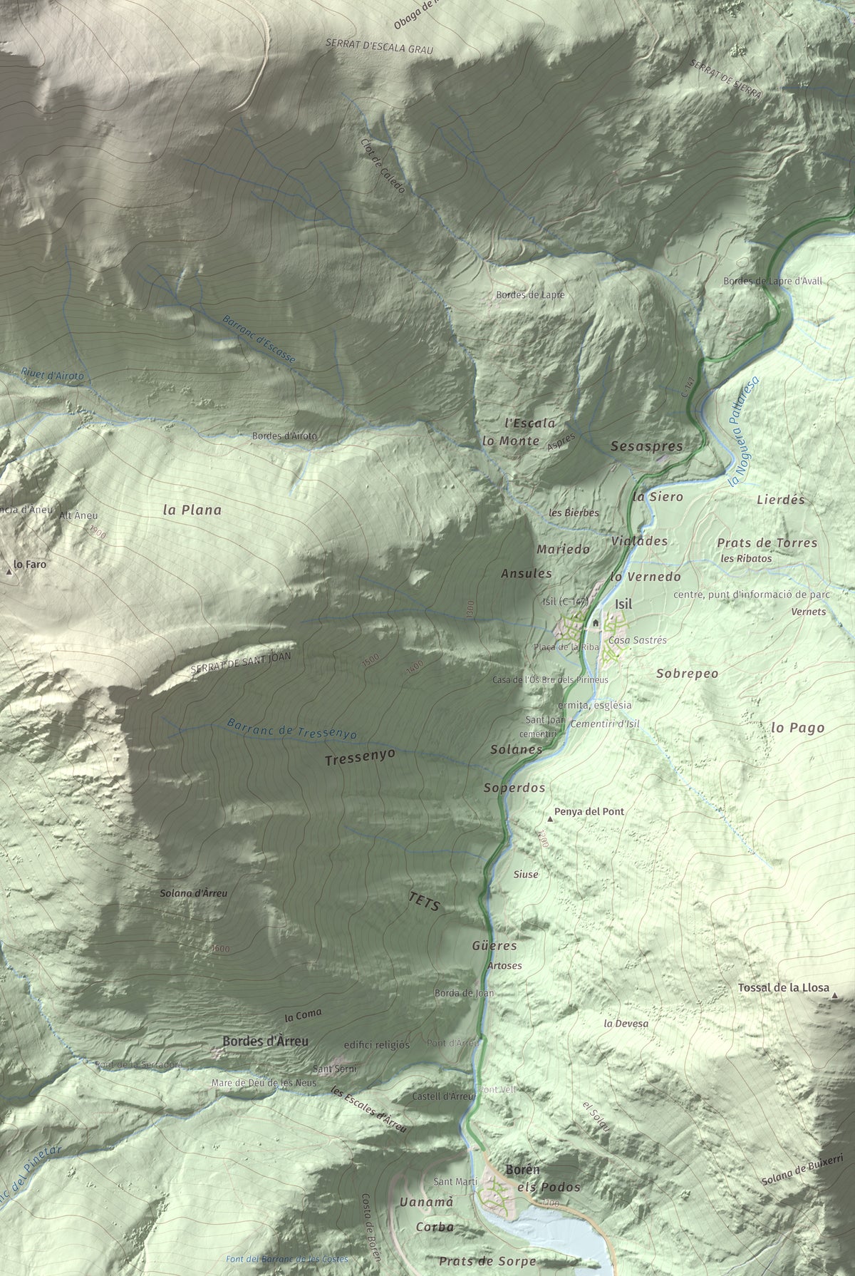 Mapa de relieve de Pic de Qüenca, 2639 m, Pallars Sobirà, lámina 100 Cims de Trobart. Detalle de la zona inferior derecha. 61 × 91 cm.
