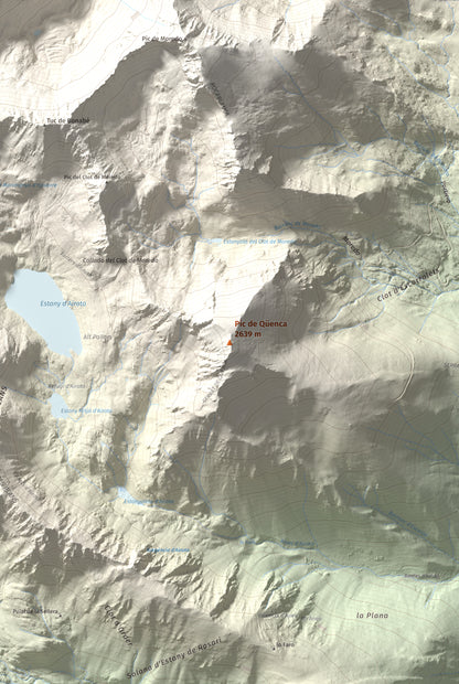 Mapa de relieve de Pic de Qüenca, 2639 m, Pallars Sobirà, lámina 100 Cims de Trobart. Detalle de la zona central. 61 × 91 cm.