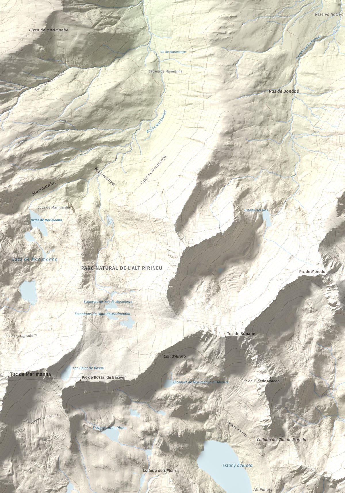 Mapa de relieve de Pic de Qüenca, 2639 m, Pallars Sobirà, lámina 100 Cims de Trobart. Detalle de la zona superior izquierda. 70 × 100 cm.