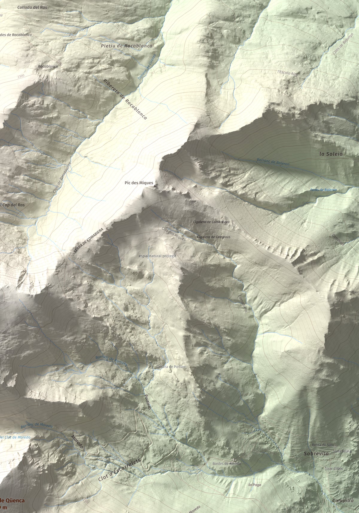 Mapa de relieve de Pic de Qüenca, 2639 m, Pallars Sobirà, lámina 100 Cims de Trobart. Detalle de la zona superior derecha. 70 × 100 cm.
