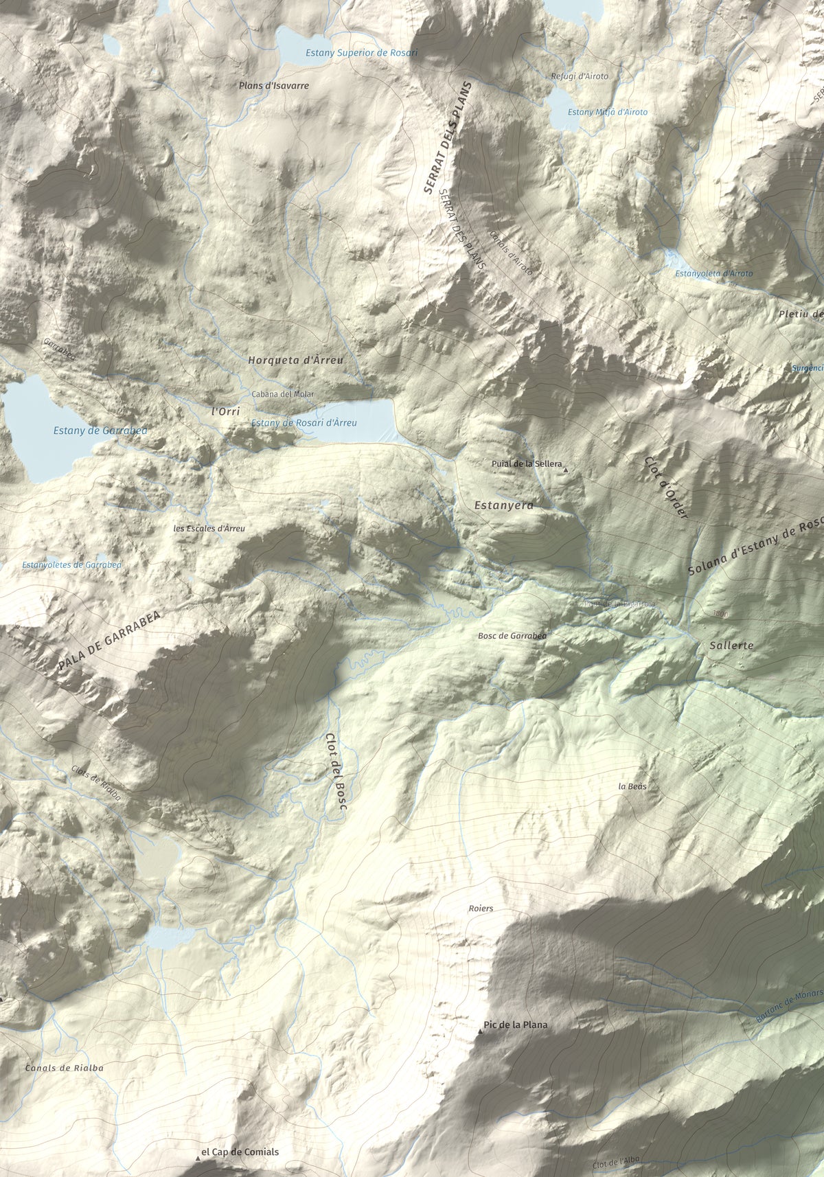 Mapa de relieve de Pic de Qüenca, 2639 m, Pallars Sobirà, lámina 100 Cims de Trobart. Detalle de la zona inferior izquierda. 70 × 100 cm.