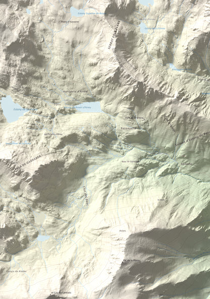 Mapa de relieve de Pic de Qüenca, 2639 m, Pallars Sobirà, lámina 100 Cims de Trobart. Detalle de la zona inferior izquierda. 70 × 100 cm.