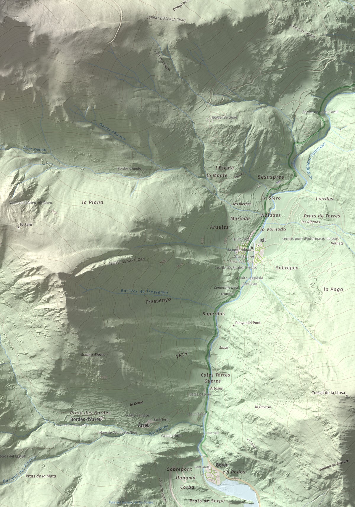 Mapa de relieve de Pic de Qüenca, 2639 m, Pallars Sobirà, lámina 100 Cims de Trobart. Detalle de la zona inferior derecha. 70 × 100 cm.