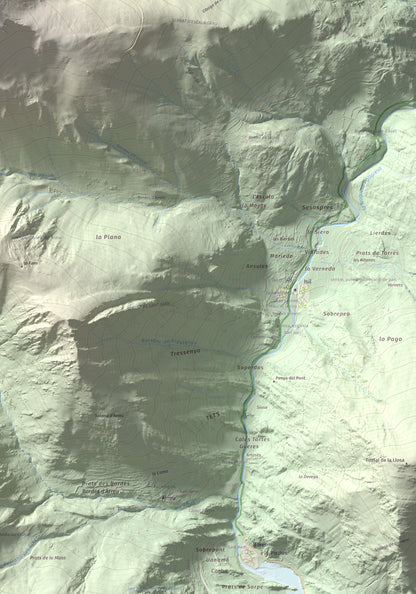 Mapa de relieve de Pic de Qüenca, 2639 m, Pallars Sobirà, lámina 100 Cims de Trobart. Detalle de la zona inferior derecha. 70 × 100 cm.