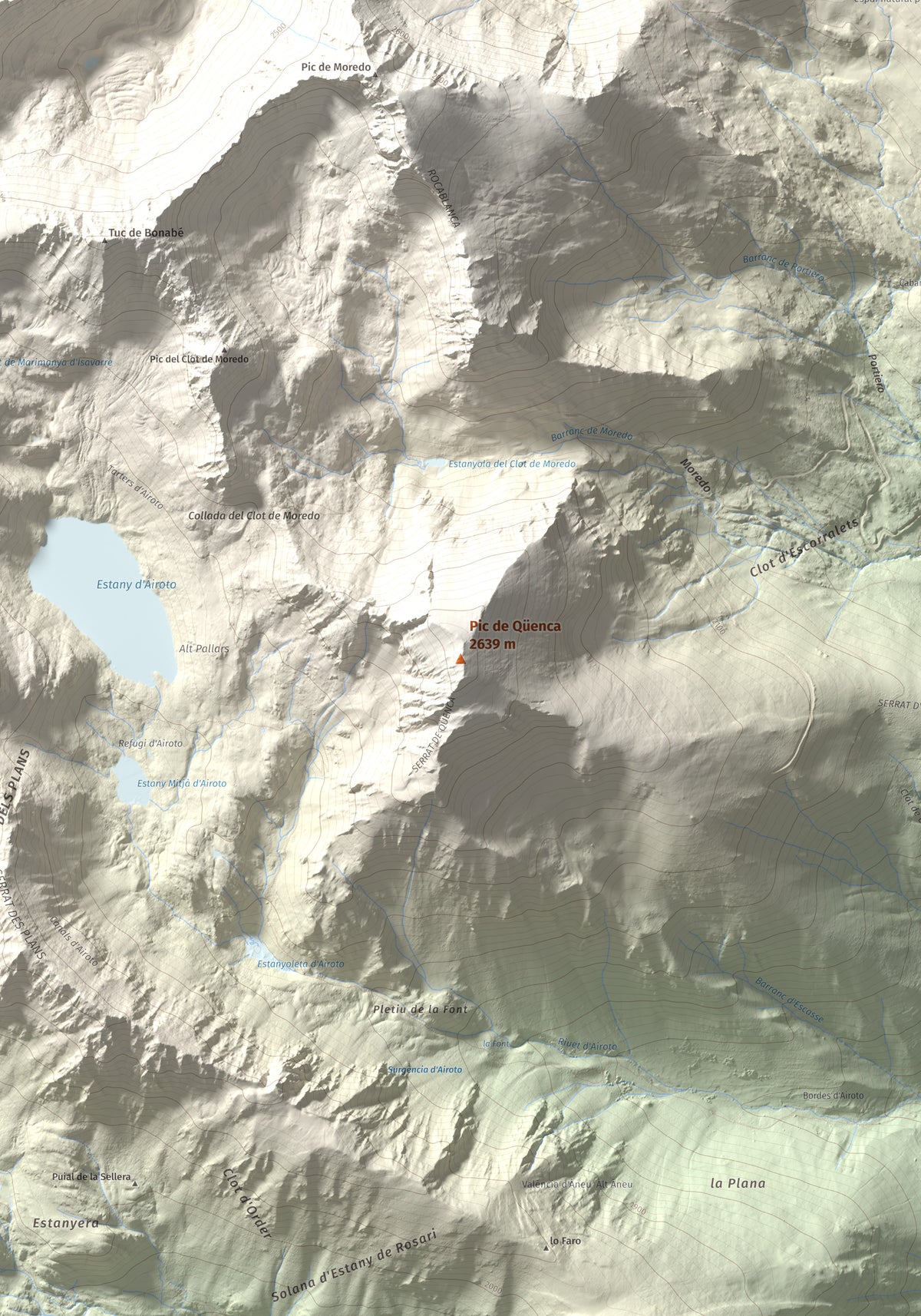 Mapa de relieve de Pic de Qüenca, 2639 m, Pallars Sobirà, lámina 100 Cims de Trobart. Detalle de la zona central. 70 × 100 cm.