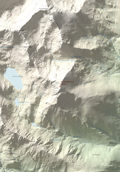 Mapa de relieve de Pic de Qüenca, 2639 m, Pallars Sobirà, lámina 100 Cims de Trobart. Detalle de la zona central. 70 × 100 cm.