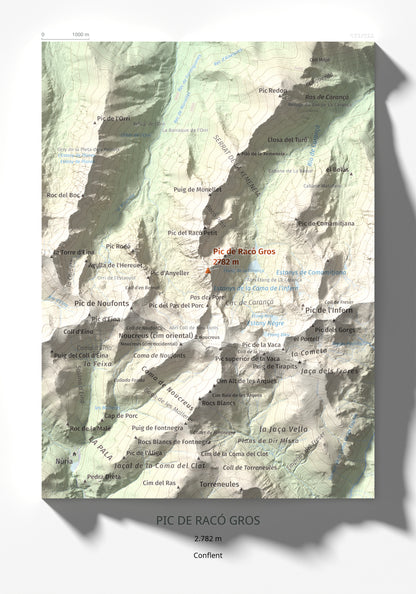 Mapa de relieve de Pic de Racó Gros, 2782 m, Conflent, lámina 100 Cims de Trobart 21 × 30 cm.