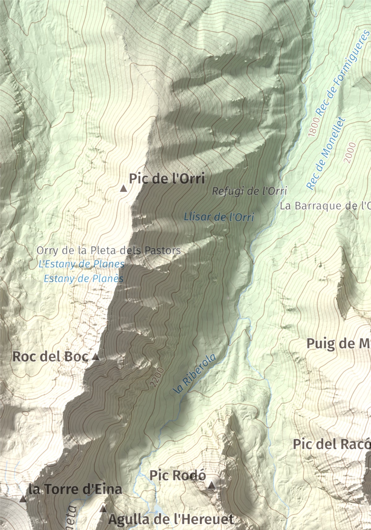 Mapa de relieve de Pic de Racó Gros, 2782 m, Conflent, lámina 100 Cims de Trobart. Detalle de la zona superior izquierda. 21 × 30 cm.