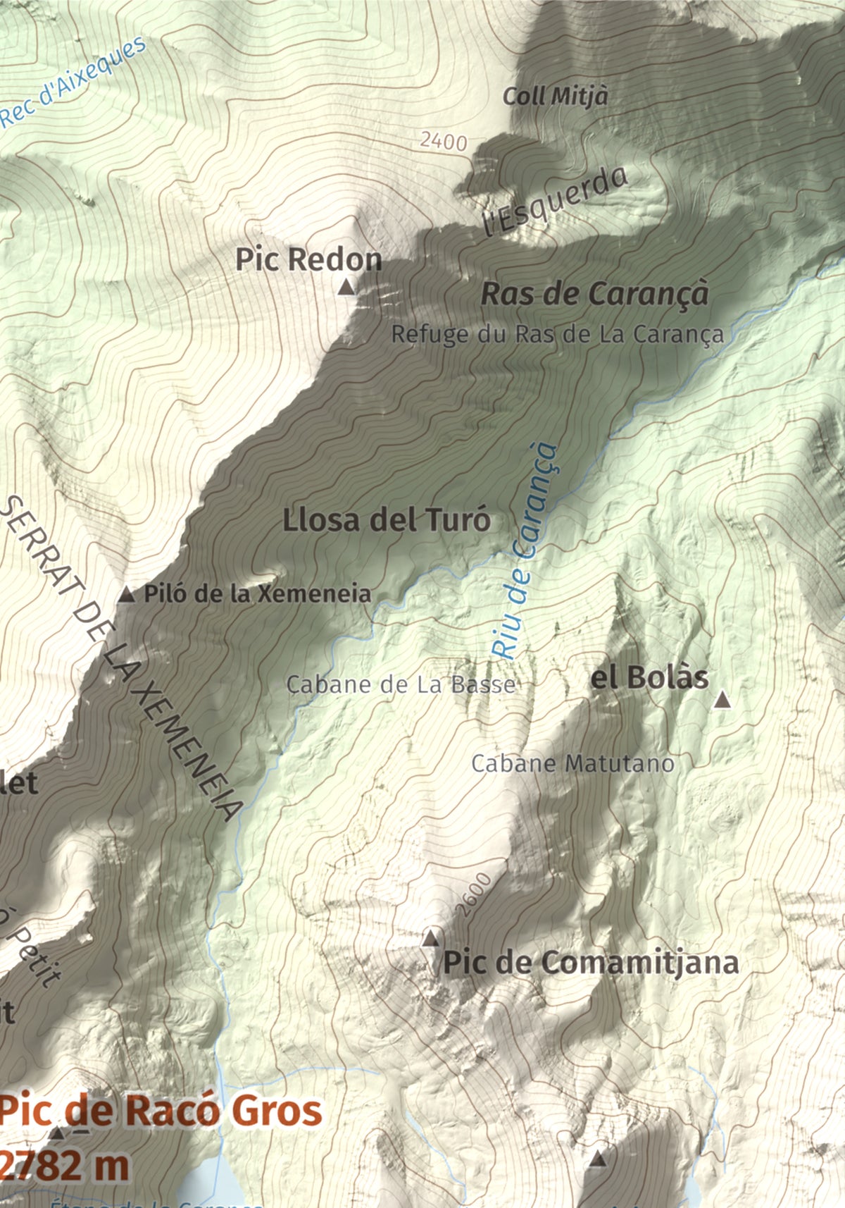 Mapa de relieve de Pic de Racó Gros, 2782 m, Conflent, lámina 100 Cims de Trobart. Detalle de la zona superior derecha. 21 × 30 cm.
