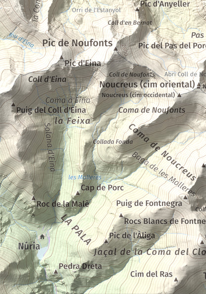 Mapa de relieve de Pic de Racó Gros, 2782 m, Conflent, lámina 100 Cims de Trobart. Detalle de la zona inferior izquierda. 21 × 30 cm.