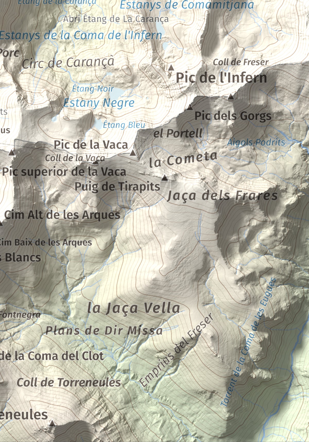 Mapa de relieve de Pic de Racó Gros, 2782 m, Conflent, lámina 100 Cims de Trobart. Detalle de la zona inferior derecha. 21 × 30 cm.