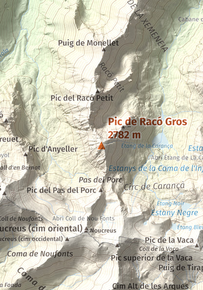 Mapa de relieve de Pic de Racó Gros, 2782 m, Conflent, lámina 100 Cims de Trobart. Detalle de la zona central. 21 × 30 cm.