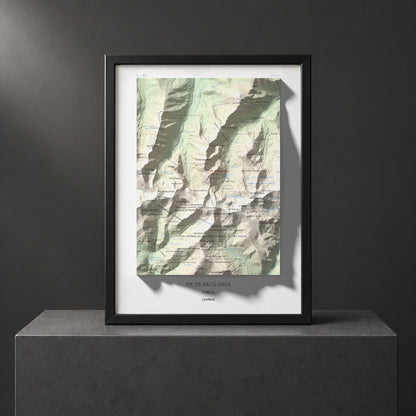 Mapa de relieve de Pic de Racó Gros, 2782 m, Conflent, lámina 100 Cims de Trobart. Presentación enmarcada. 30 × 40 cm.