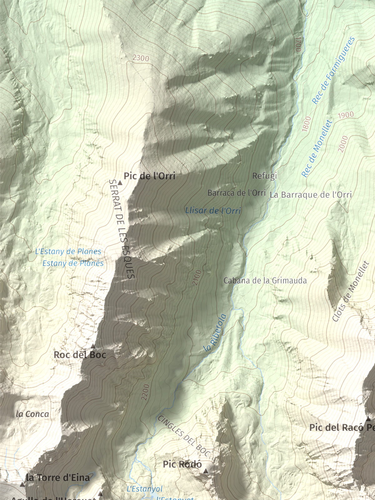 Mapa de relieve de Pic de Racó Gros, 2782 m, Conflent, lámina 100 Cims de Trobart. Detalle de la zona superior izquierda. 30 × 40 cm.