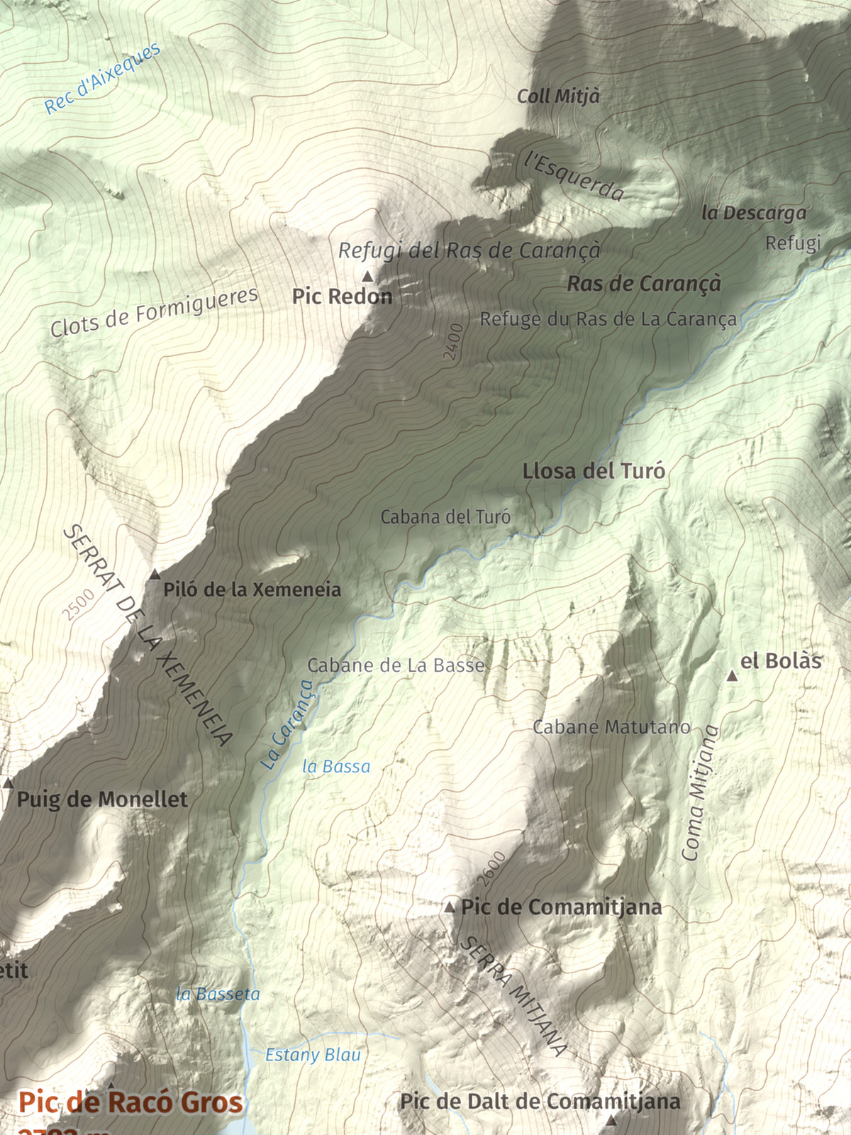 Mapa de relieve de Pic de Racó Gros, 2782 m, Conflent, lámina 100 Cims de Trobart. Detalle de la zona superior derecha. 30 × 40 cm.
