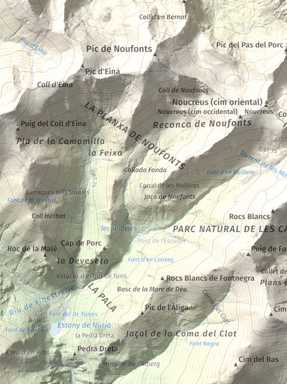 Mapa de relieve de Pic de Racó Gros, 2782 m, Conflent, lámina 100 Cims de Trobart. Detalle de la zona inferior izquierda. 30 × 40 cm.