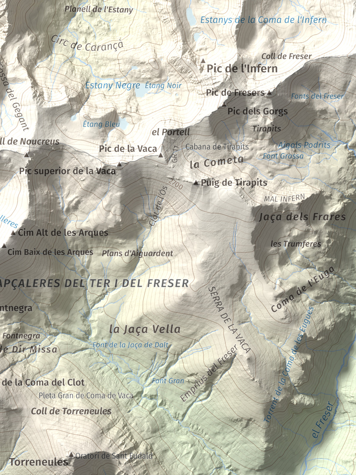 Mapa de relieve de Pic de Racó Gros, 2782 m, Conflent, lámina 100 Cims de Trobart. Detalle de la zona inferior derecha. 30 × 40 cm.