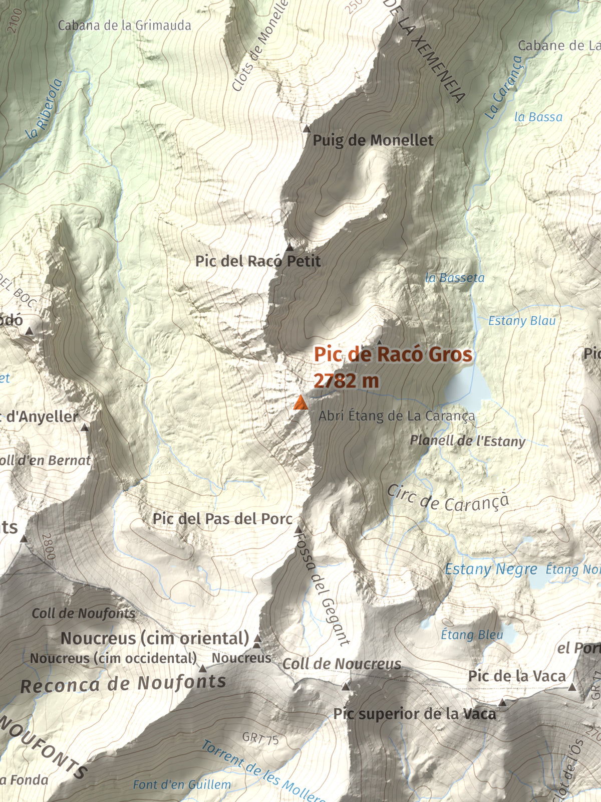 Mapa de relieve de Pic de Racó Gros, 2782 m, Conflent, lámina 100 Cims de Trobart. Detalle de la zona central. 30 × 40 cm.