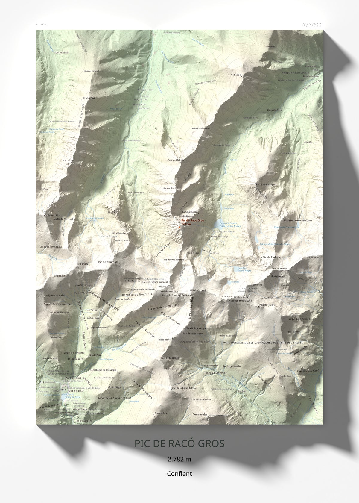 Mapa de relieve de Pic de Racó Gros, 2782 m, Conflent, lámina 100 Cims de Trobart 50 × 70 cm.