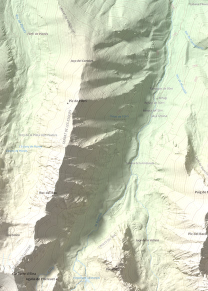 Mapa de relieve de Pic de Racó Gros, 2782 m, Conflent, lámina 100 Cims de Trobart. Detalle de la zona superior izquierda. 50 × 70 cm.