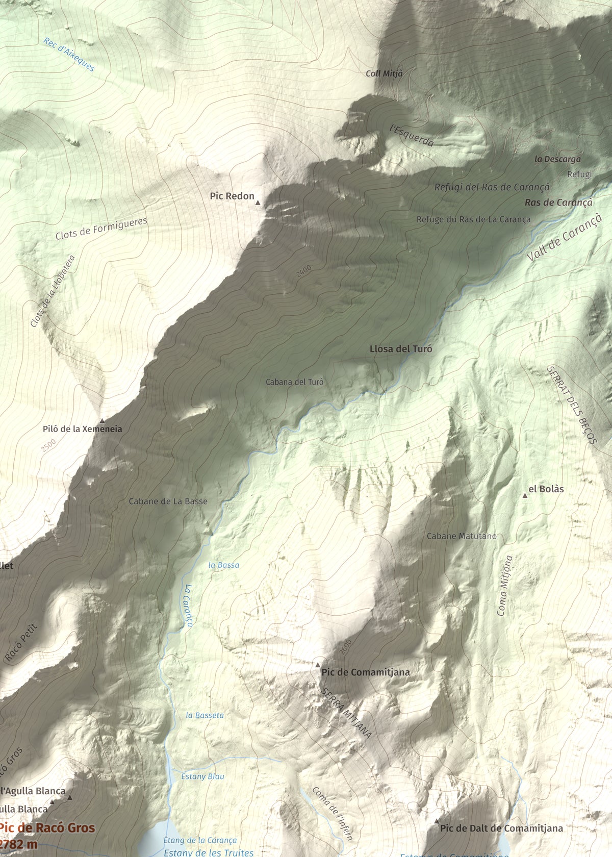 Mapa de relieve de Pic de Racó Gros, 2782 m, Conflent, lámina 100 Cims de Trobart. Detalle de la zona superior derecha. 50 × 70 cm.