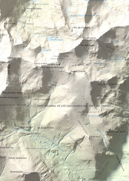 Mapa de relieve de Pic de Racó Gros, 2782 m, Conflent, lámina 100 Cims de Trobart. Detalle de la zona inferior derecha. 50 × 70 cm.