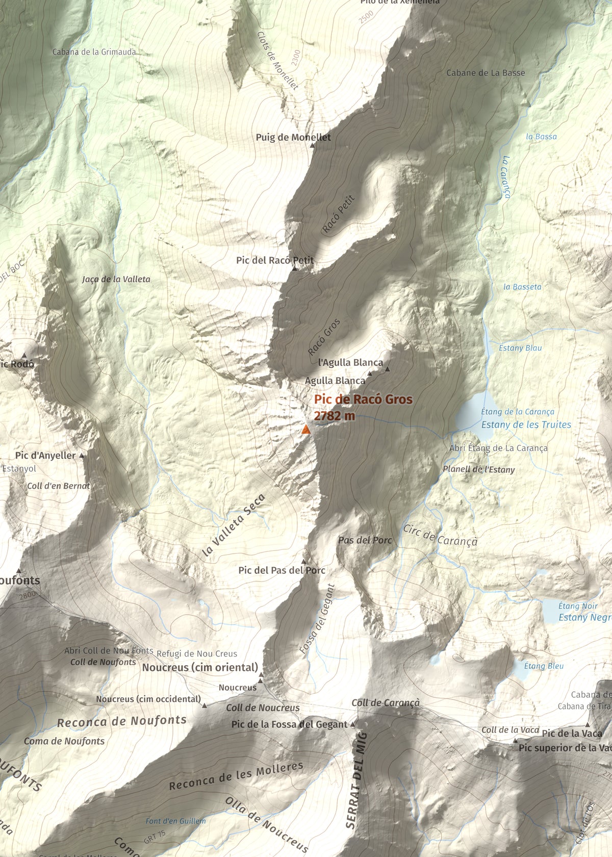 Mapa de relieve de Pic de Racó Gros, 2782 m, Conflent, lámina 100 Cims de Trobart. Detalle de la zona central. 50 × 70 cm.