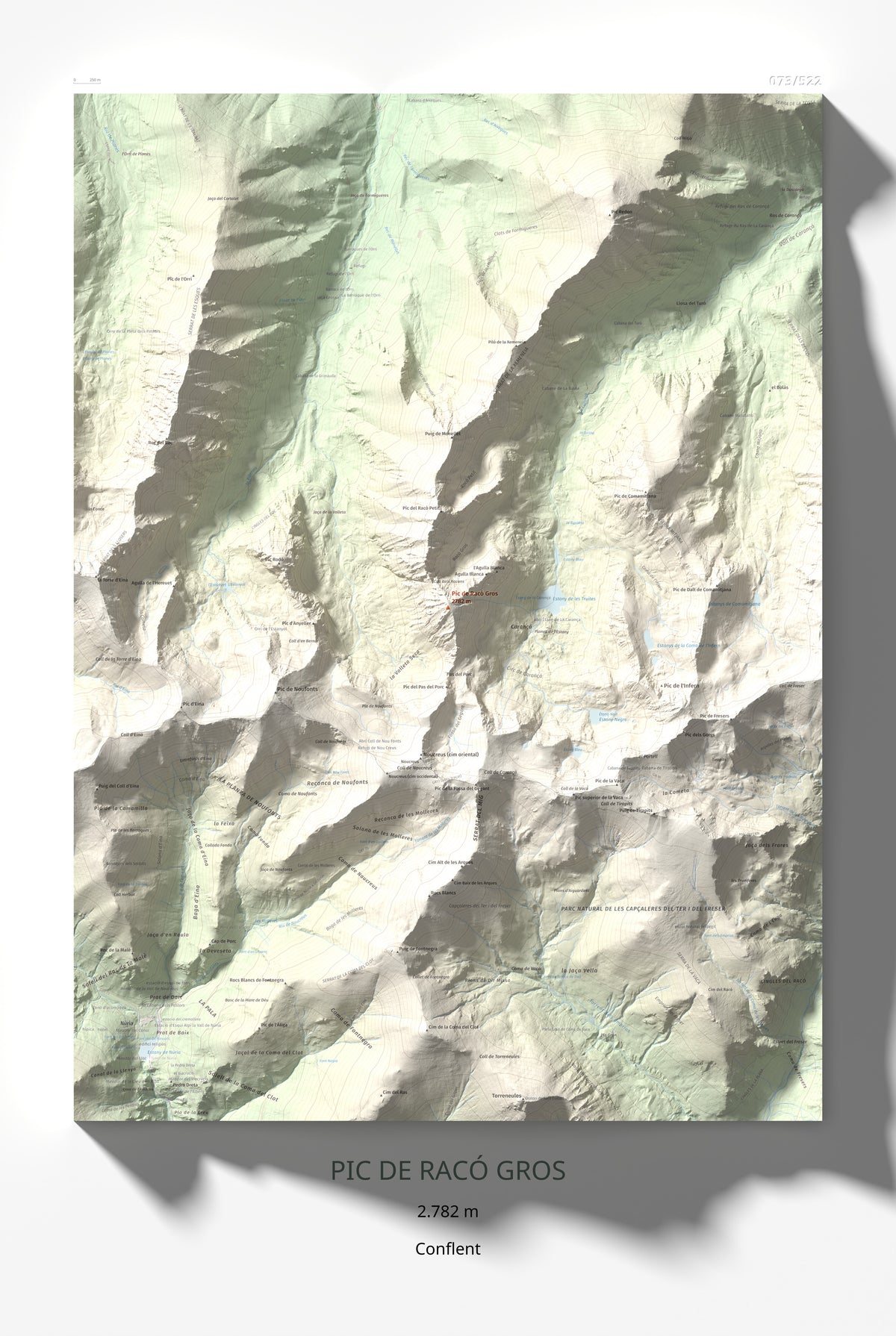 Mapa de relieve de Pic de Racó Gros, 2782 m, Conflent, lámina 100 Cims de Trobart 61 × 91 cm.