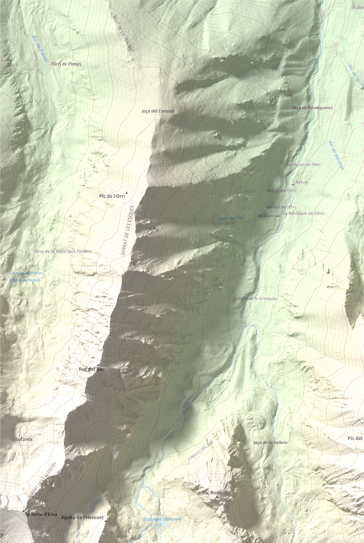 Mapa de relieve de Pic de Racó Gros, 2782 m, Conflent, lámina 100 Cims de Trobart. Detalle de la zona superior izquierda. 61 × 91 cm.