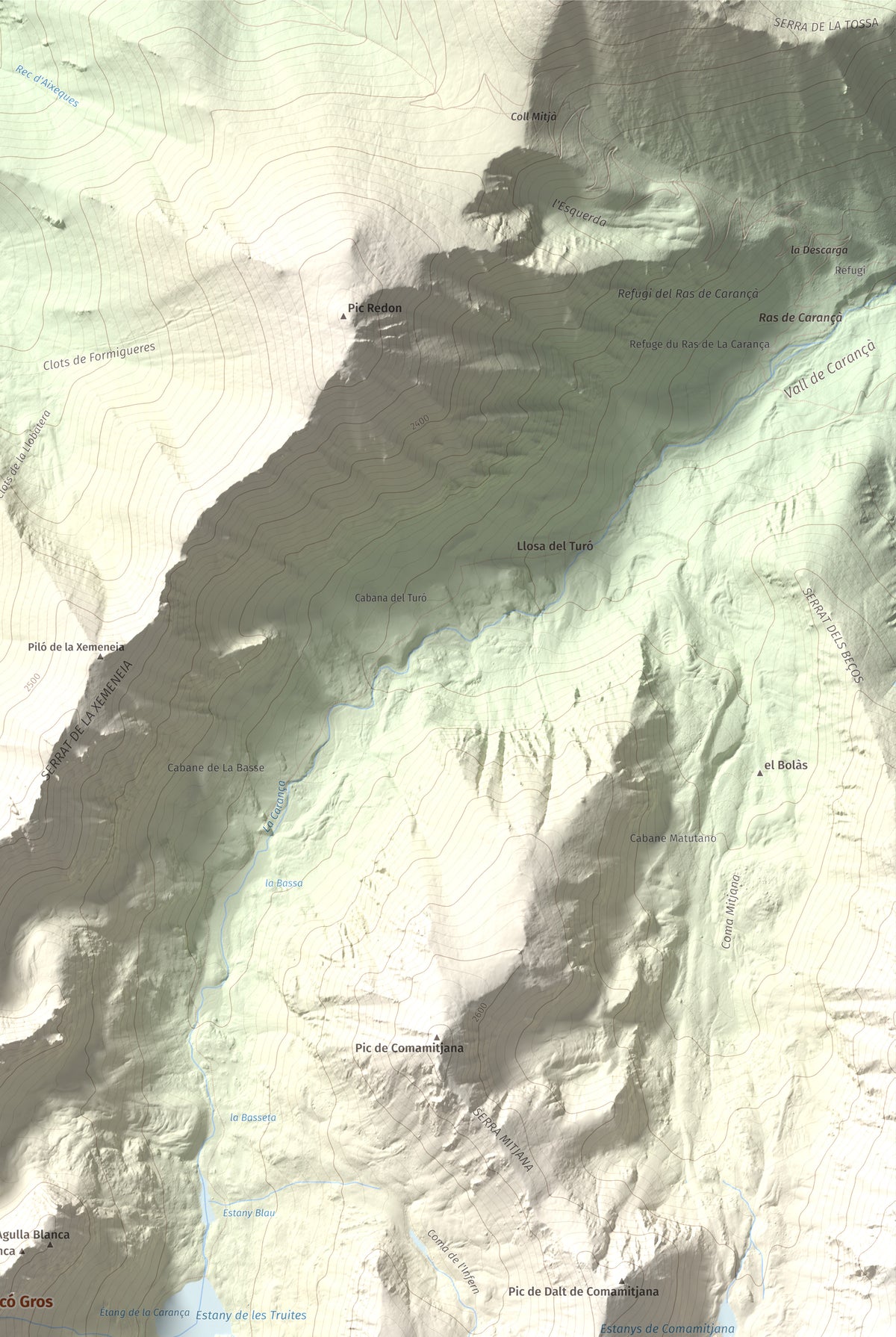 Mapa de relieve de Pic de Racó Gros, 2782 m, Conflent, lámina 100 Cims de Trobart. Detalle de la zona superior derecha. 61 × 91 cm.