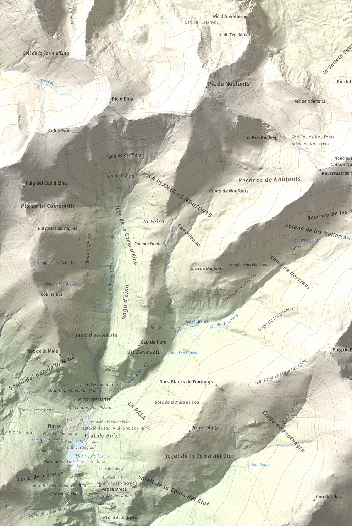 Mapa de relieve de Pic de Racó Gros, 2782 m, Conflent, lámina 100 Cims de Trobart. Detalle de la zona inferior izquierda. 61 × 91 cm.