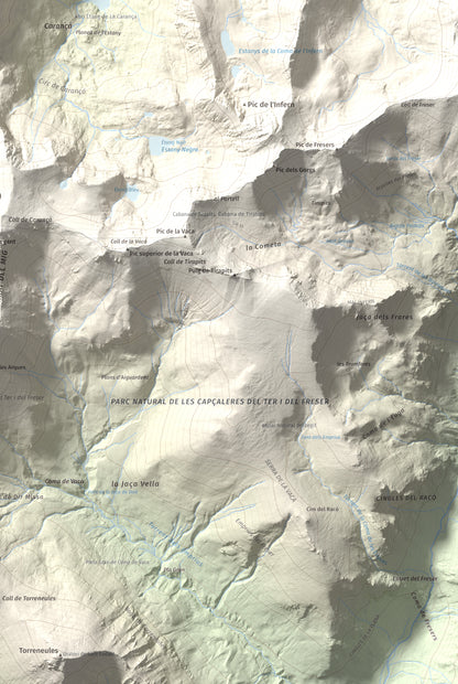 Mapa de relieve de Pic de Racó Gros, 2782 m, Conflent, lámina 100 Cims de Trobart. Detalle de la zona inferior derecha. 61 × 91 cm.