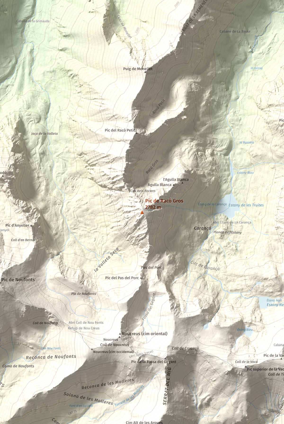 Mapa de relieve de Pic de Racó Gros, 2782 m, Conflent, lámina 100 Cims de Trobart. Detalle de la zona central. 61 × 91 cm.