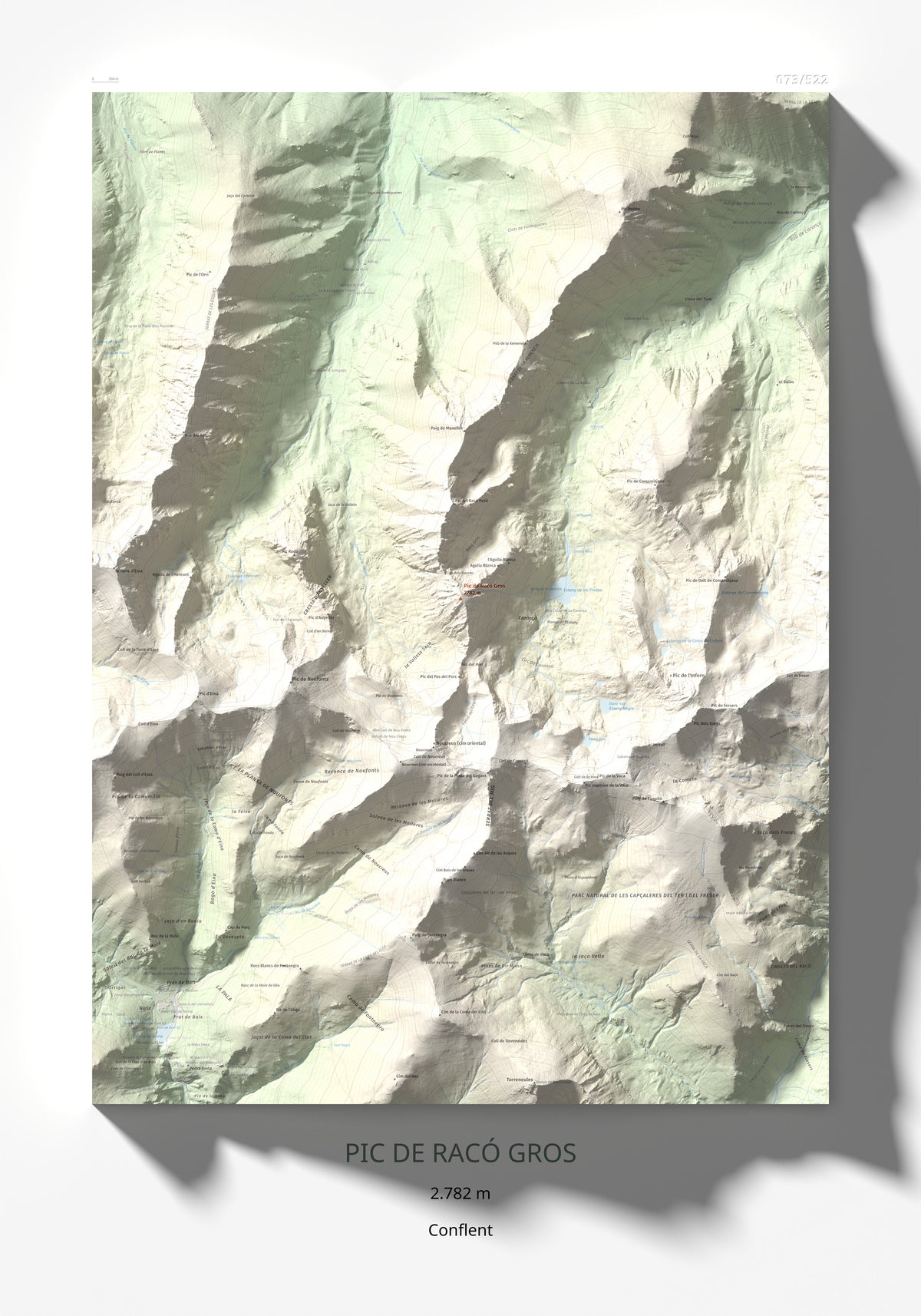Mapa de relieve de Pic de Racó Gros, 2782 m, Conflent, lámina 100 Cims de Trobart 70 × 100 cm.
