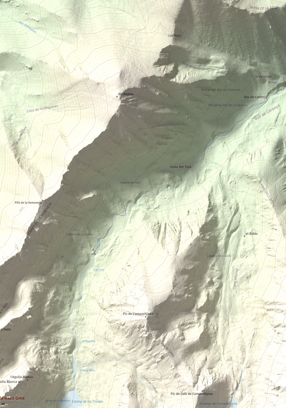 Mapa de relieve de Pic de Racó Gros, 2782 m, Conflent, lámina 100 Cims de Trobart. Detalle de la zona superior derecha. 70 × 100 cm.