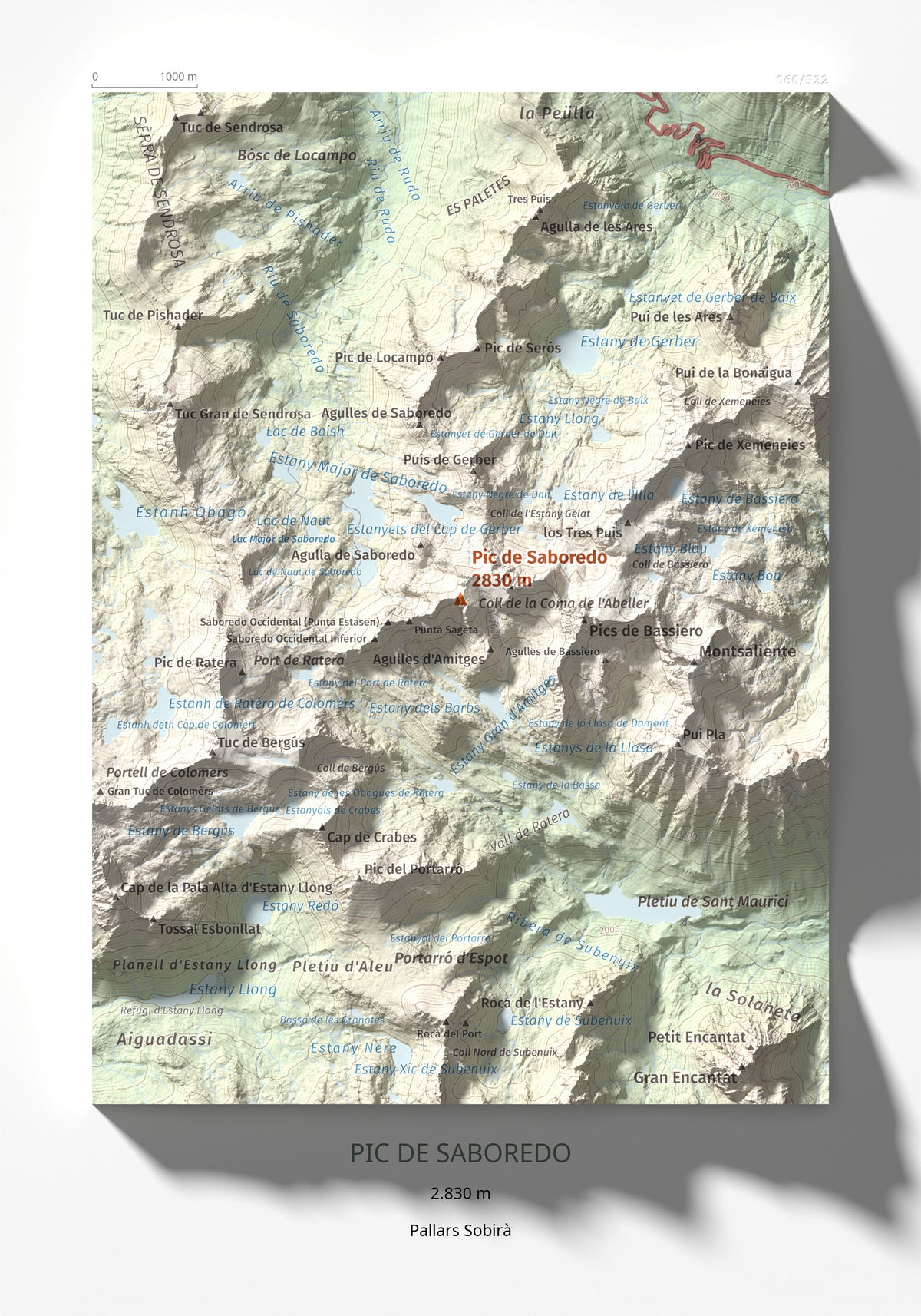 Mapa de relieve de Pic de Saboredo, 2830 m, Pallars Sobirà, lámina 100 Cims de Trobart 21 × 30 cm.