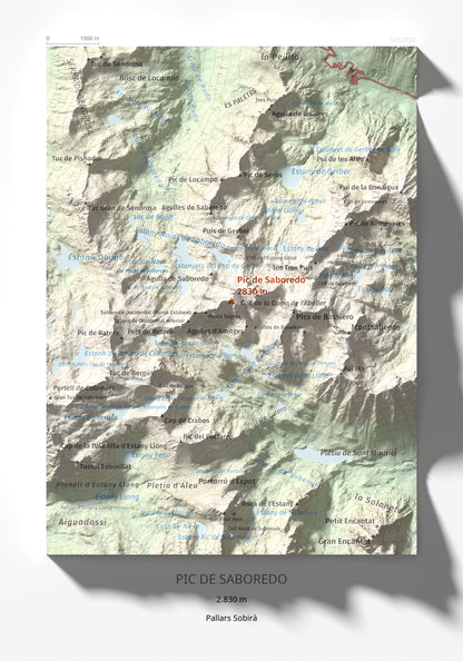 Mapa de relieve de Pic de Saboredo, 2830 m, Pallars Sobirà, lámina 100 Cims de Trobart 21 × 30 cm.