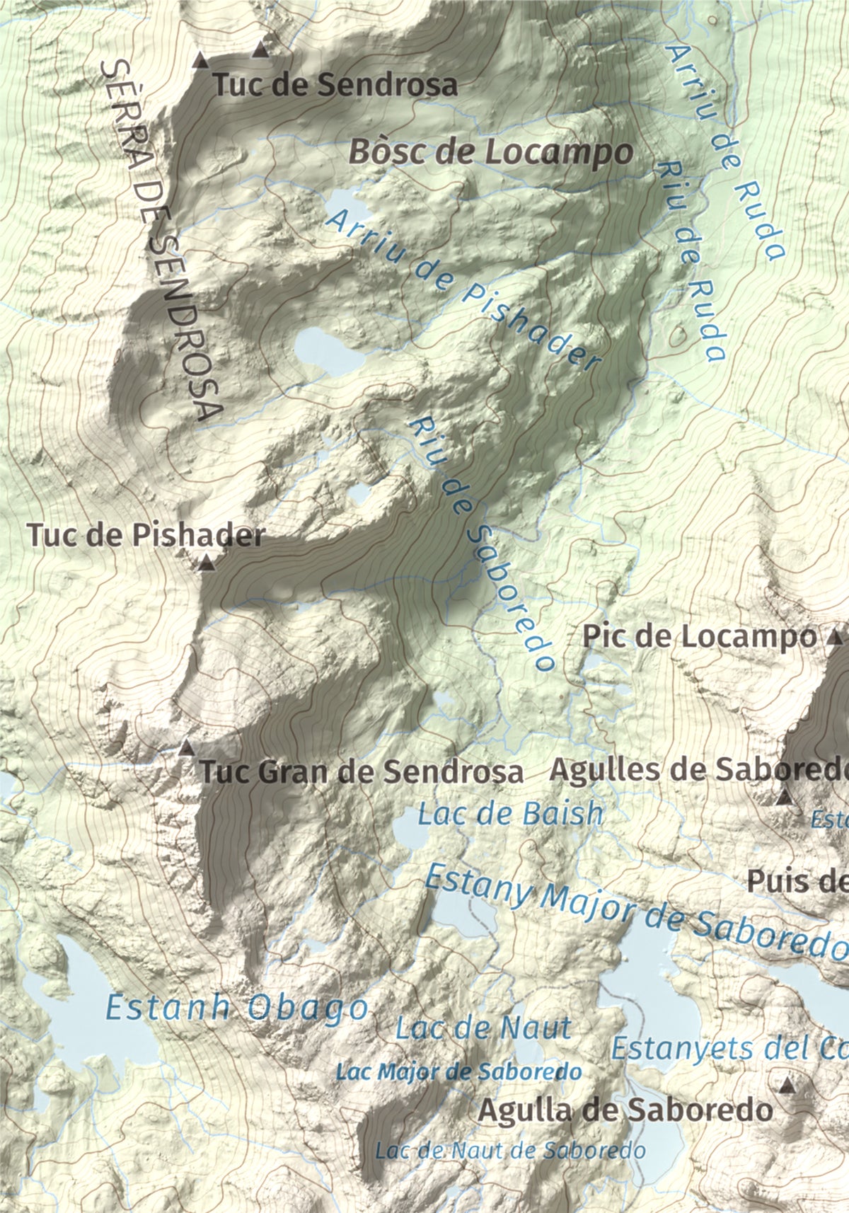 Mapa de relieve de Pic de Saboredo, 2830 m, Pallars Sobirà, lámina 100 Cims de Trobart. Detalle de la zona superior izquierda. 21 × 30 cm.