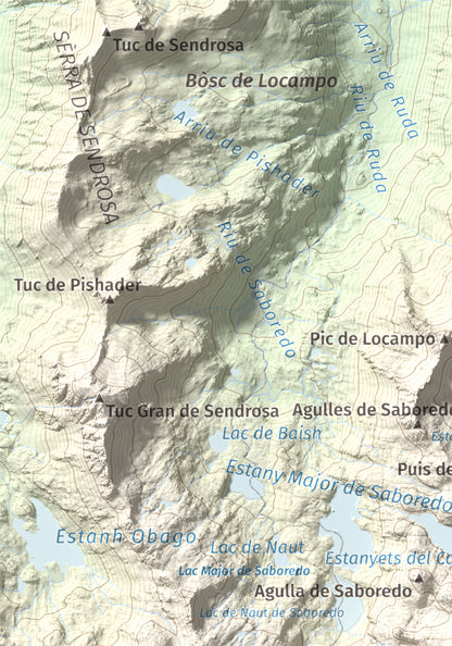 Mapa de relieve de Pic de Saboredo, 2830 m, Pallars Sobirà, lámina 100 Cims de Trobart. Detalle de la zona superior izquierda. 21 × 30 cm.