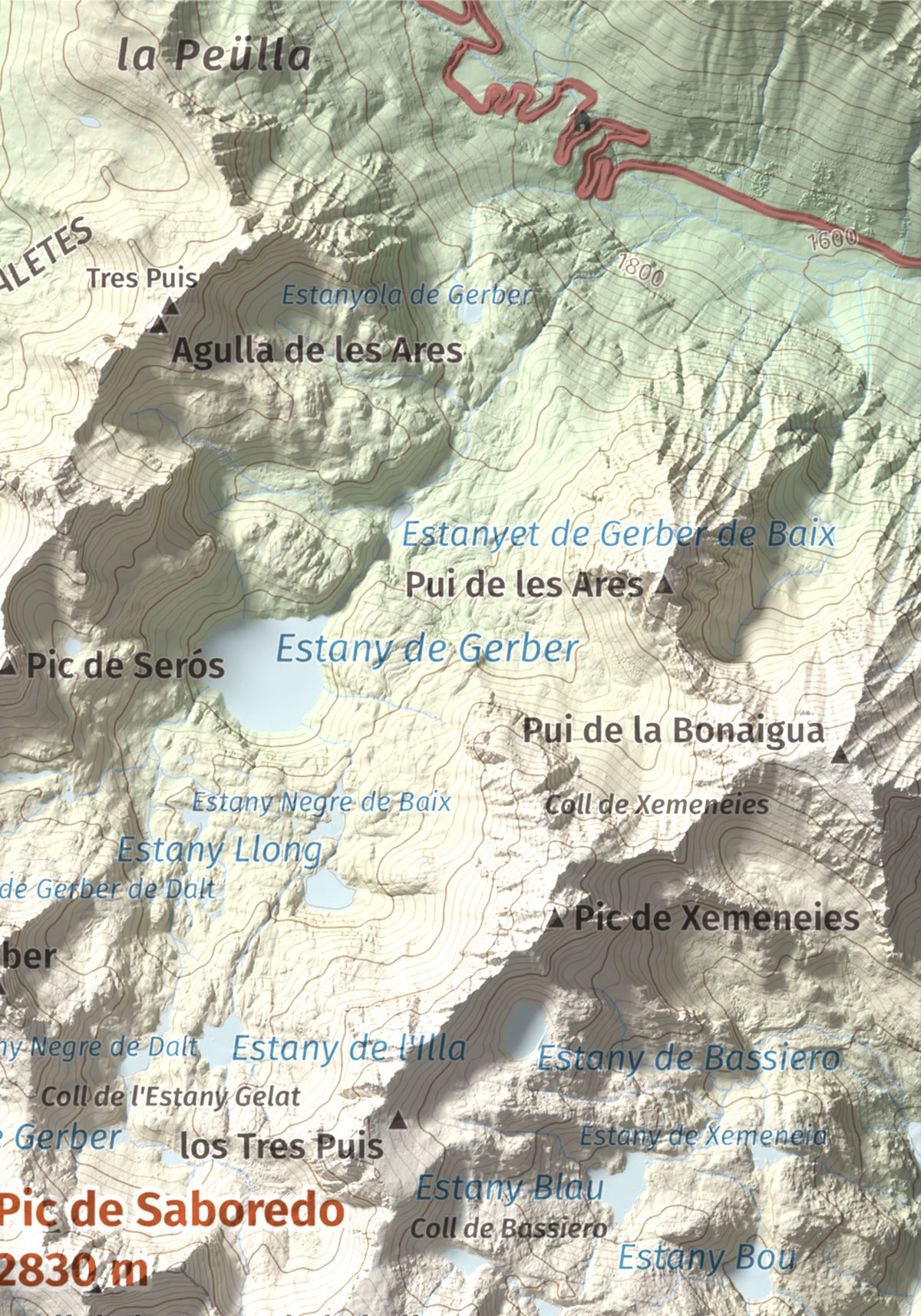 Mapa de relieve de Pic de Saboredo, 2830 m, Pallars Sobirà, lámina 100 Cims de Trobart. Detalle de la zona superior derecha. 21 × 30 cm.