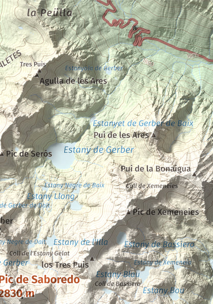 Mapa de relieve de Pic de Saboredo, 2830 m, Pallars Sobirà, lámina 100 Cims de Trobart. Detalle de la zona superior derecha. 21 × 30 cm.