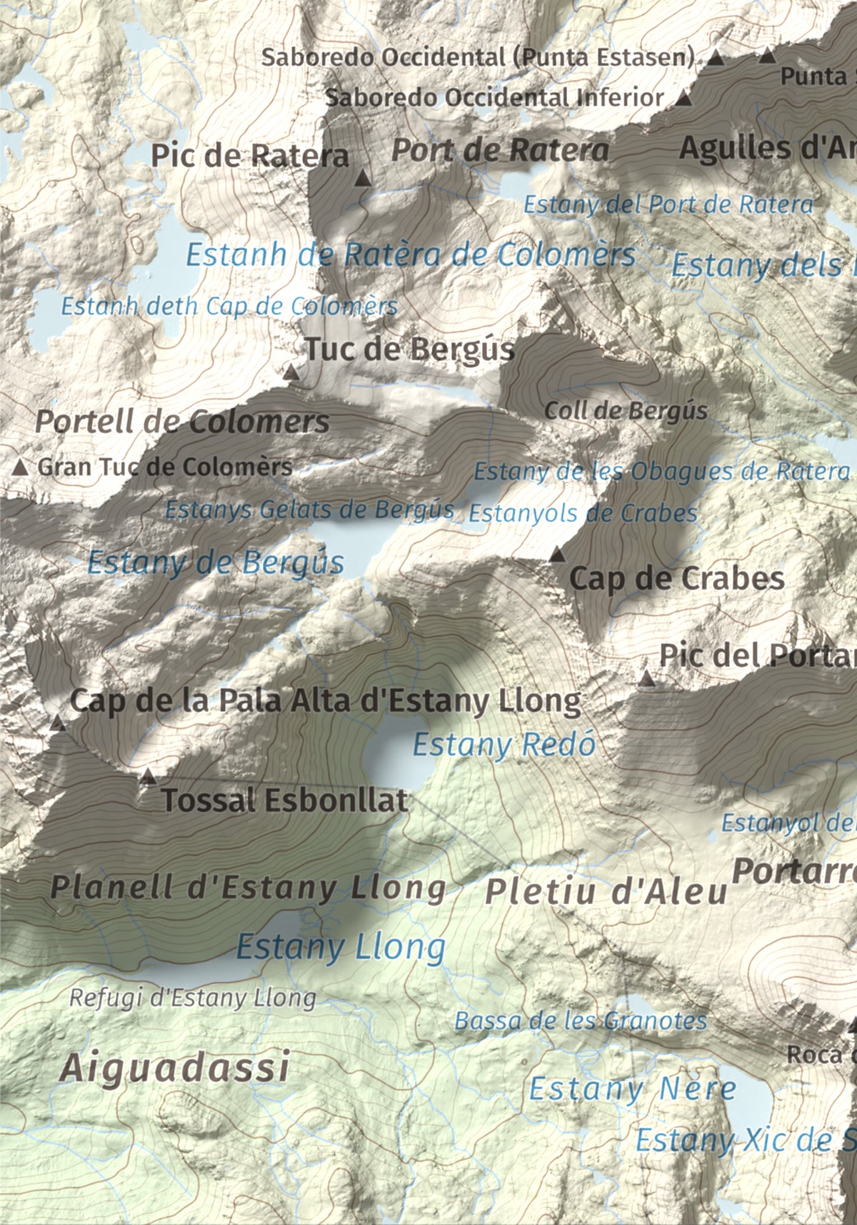 Mapa de relieve de Pic de Saboredo, 2830 m, Pallars Sobirà, lámina 100 Cims de Trobart. Detalle de la zona inferior izquierda. 21 × 30 cm.