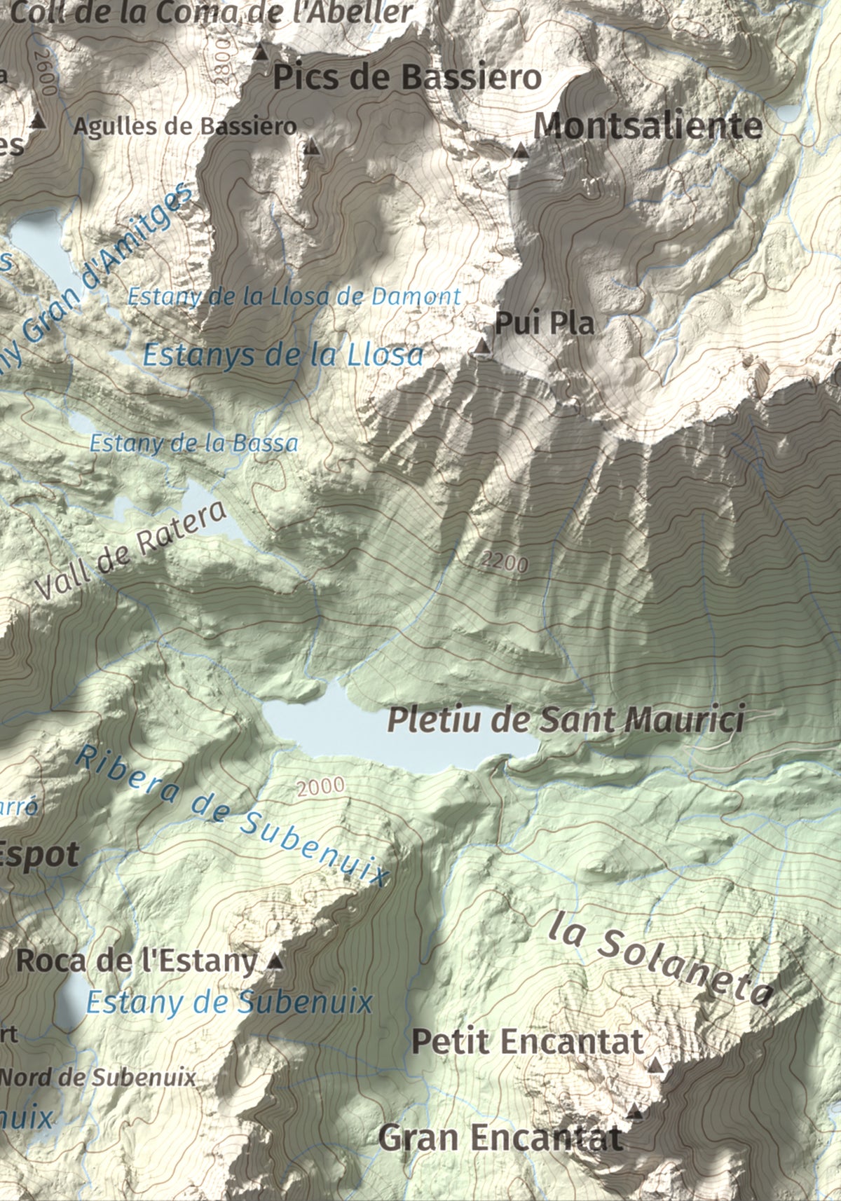 Mapa de relieve de Pic de Saboredo, 2830 m, Pallars Sobirà, lámina 100 Cims de Trobart. Detalle de la zona inferior derecha. 21 × 30 cm.